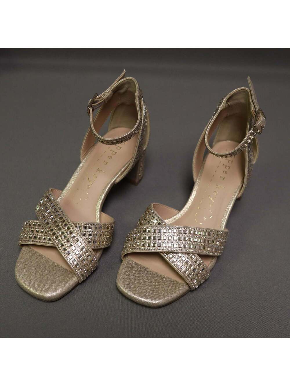 Copper Key Girls Gold Rhinestone Crisscross Ankle Strap Block Heel Sandals  2 M